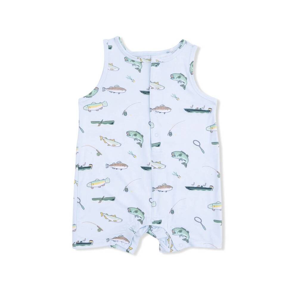NEW ANGEL DEAR kids fishing bamboo sleeveless shortie romper in blue